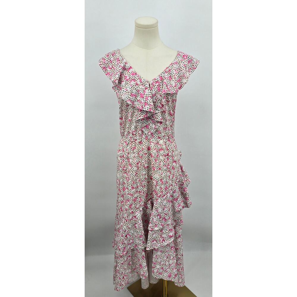 Eloquii Romantic Coquette Ruffle V-Neck Sleeveless Midi Dress in Pink Floral Dot